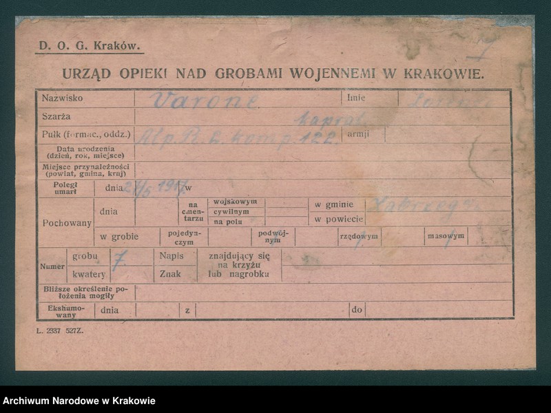 image.from.unit.number "Karty ewidencyjne zmarłych Włochów na terenie powiatów Zabrek, Cernovir, Witkowitz (Czechy)."