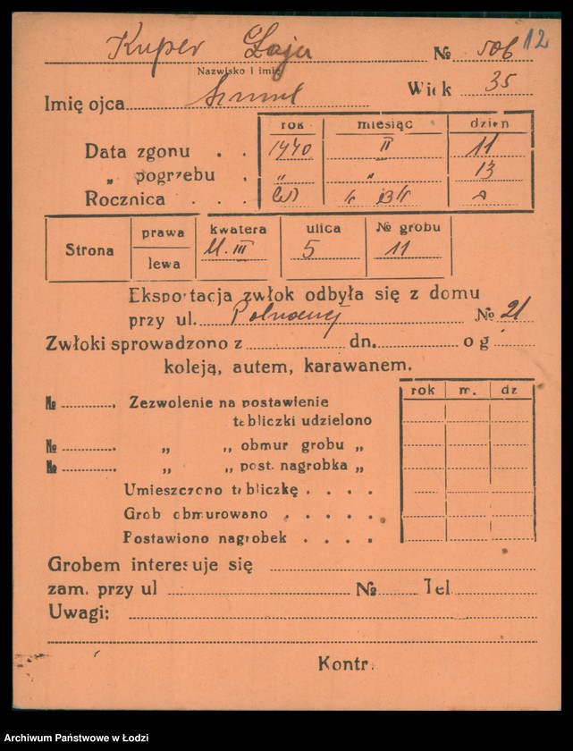 Obraz 13 z jednostki "Kartoteka osób pochowanych na cmentarzu żydowskim przy ulicy Brackiej w latach 1892-1956. Nazwiska na litery: Kup-Kz"