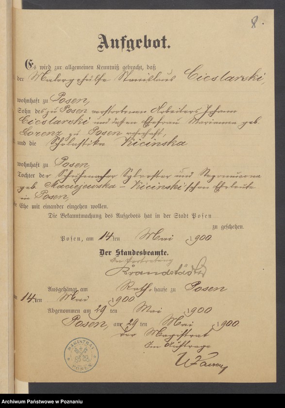 Obraz 13 z jednostki "Die von den Verlobten beigebrachten Urkunden zur Eheschliessung pro 1900"