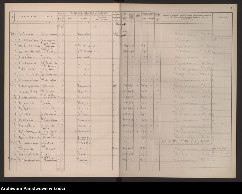 Obraz 17 z jednostki "Księga kontroli ruchu ludności (rejestr osób przybywających do gminy) Łódź, zespół IV, lit. K"