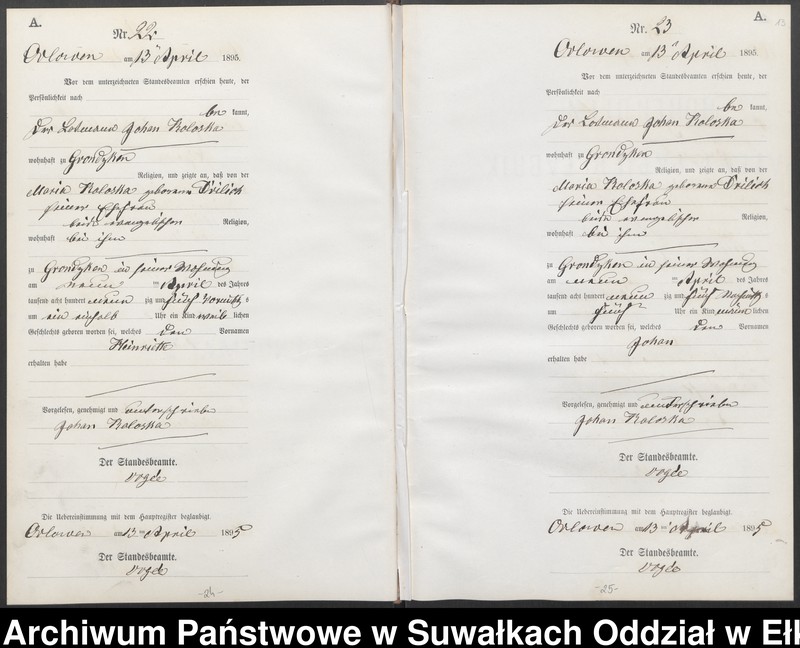 image.from.unit.number "Geburts-Neben-Register des Preussischen Standes-Amtes Orlowen Kreis Loetzen für das Jahr 1895"