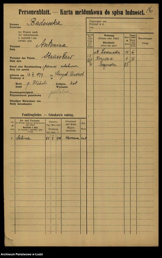 Obraz 18 z jednostki "[Spis ludności Łodzi] Bader - Beierlein"