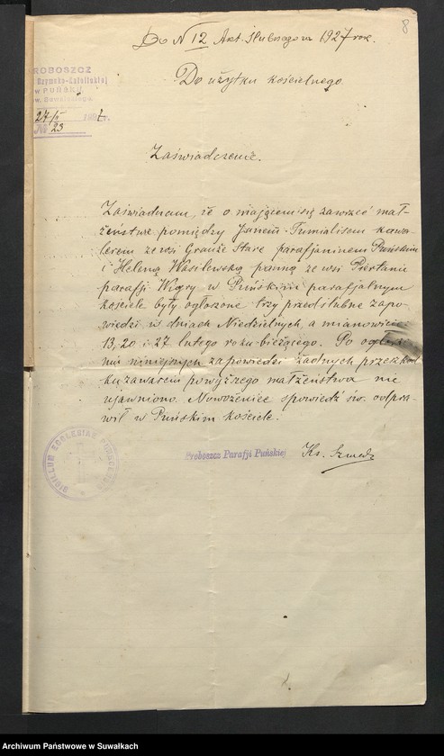 Obraz 10 z jednostki "Aneksa Aktów Ślubnych Rz-Katolickiej par. Wigierskiej za 1927 rok"