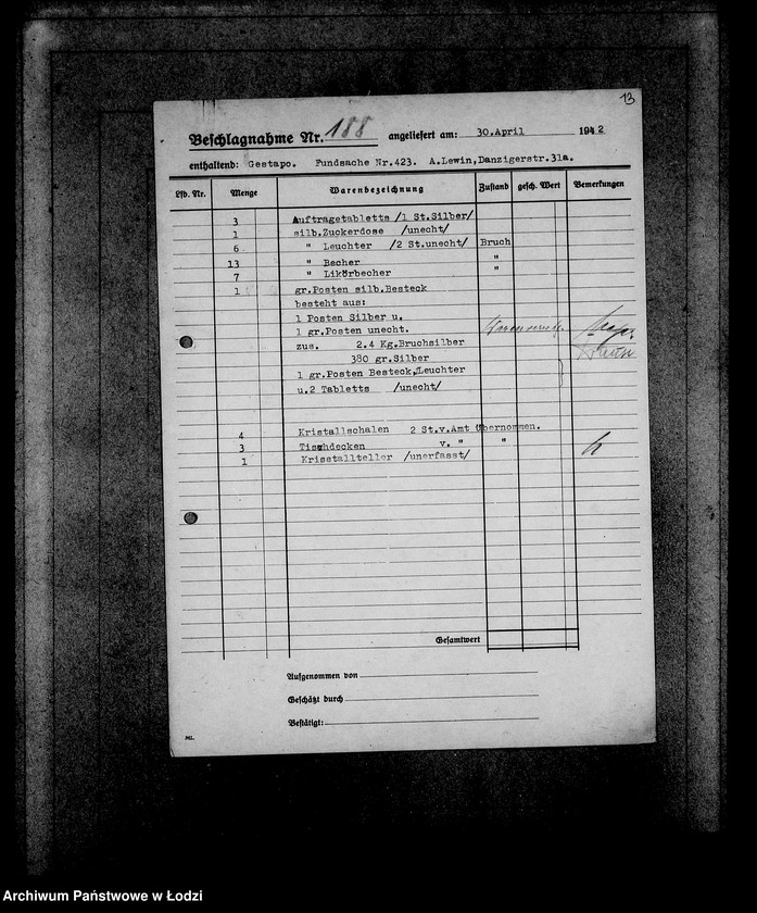 Obraz 17 z jednostki "Gestapo 1-200 [Kartoteka skonfiskowanego majątku ruchomego u Żydów]"