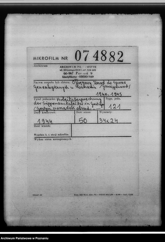 Obraz 2 z jednostki "Arbeitsbesprechung der Sippenamtsleiter in Gostingen [Gostyń, porządek obrad i sprawozdanie z zebrania kierowników powiatowych urzędów do spraw genealogicznych z terenu województwa poznańskiego]"