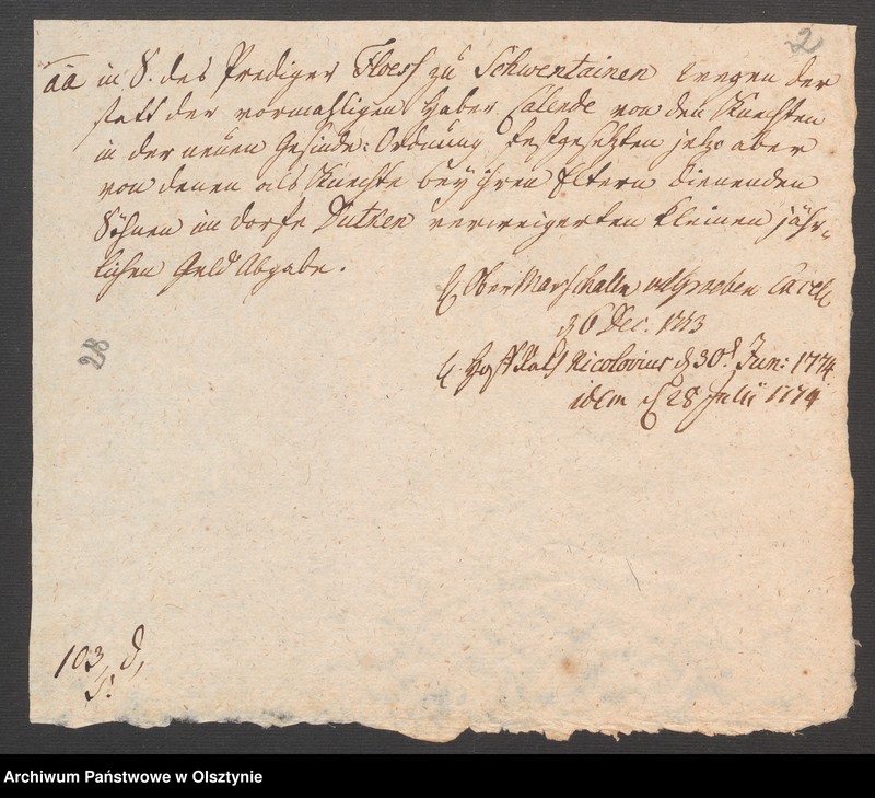 image.from.unit.number "In S. [Sachen] des Prediger Floeß in Schwentainen [Świętajno]. Wegen der Statt der vormahligen Haber„Calende von den Knechten in der neuen Gesinde Ordnung festgesetzten jezo aber von denen als Knechte bey ihren Eltern dienen, den Sohnen in Dorffe Dutcken [Dudki] verweigerten kleinen jährlichen Geld Abgabe"