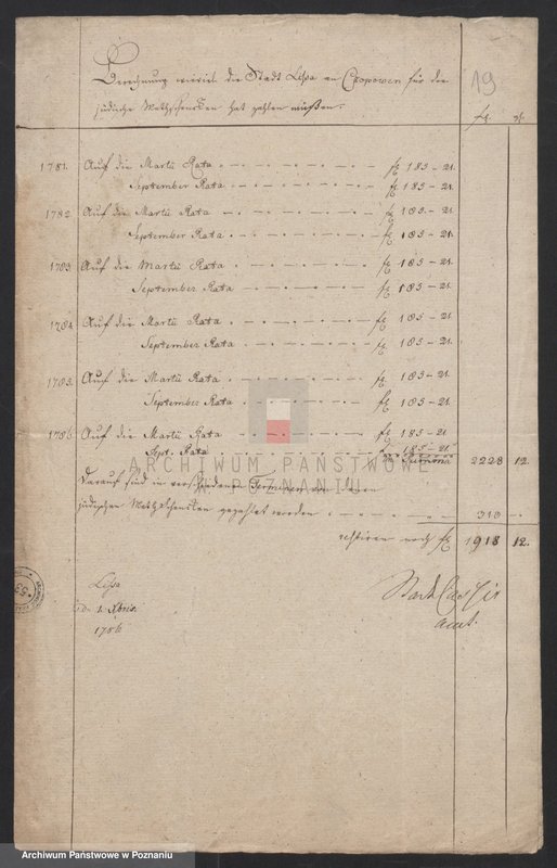 Obraz 15 z jednostki "Berechnung wieveil die Stadt Lissa an Czopowe vor das herrschaftliche Bier und Branntwein gezahlt hat; język niemiecki"