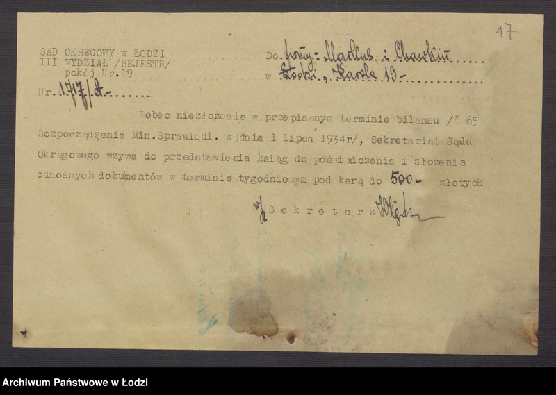 Obraz 19 z jednostki "Józef Markus i Jakób Chawkin- fabryka towarów bawełnianych"