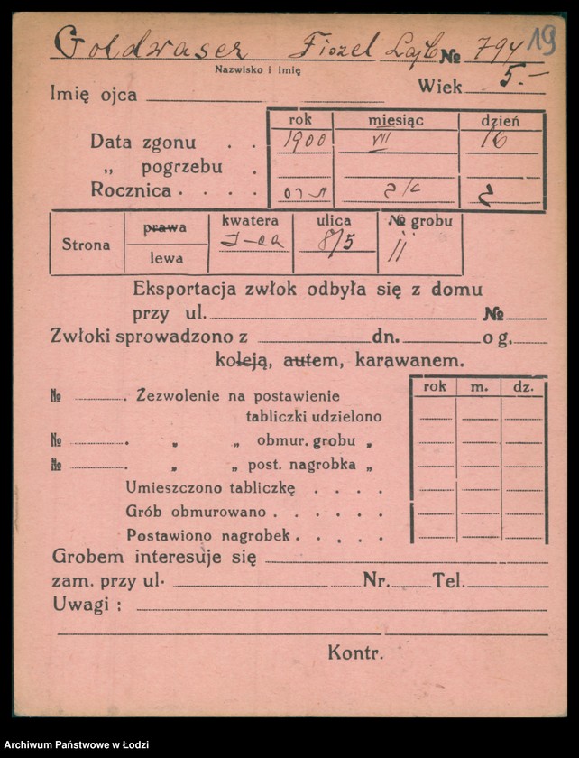 Obraz 20 z jednostki "Kartoteka osób pochowanych na cmentarzu żydowskim przy ulicy Brackiej w latach 1892-1959. Nazwiska na litery: Goldw-Gö"