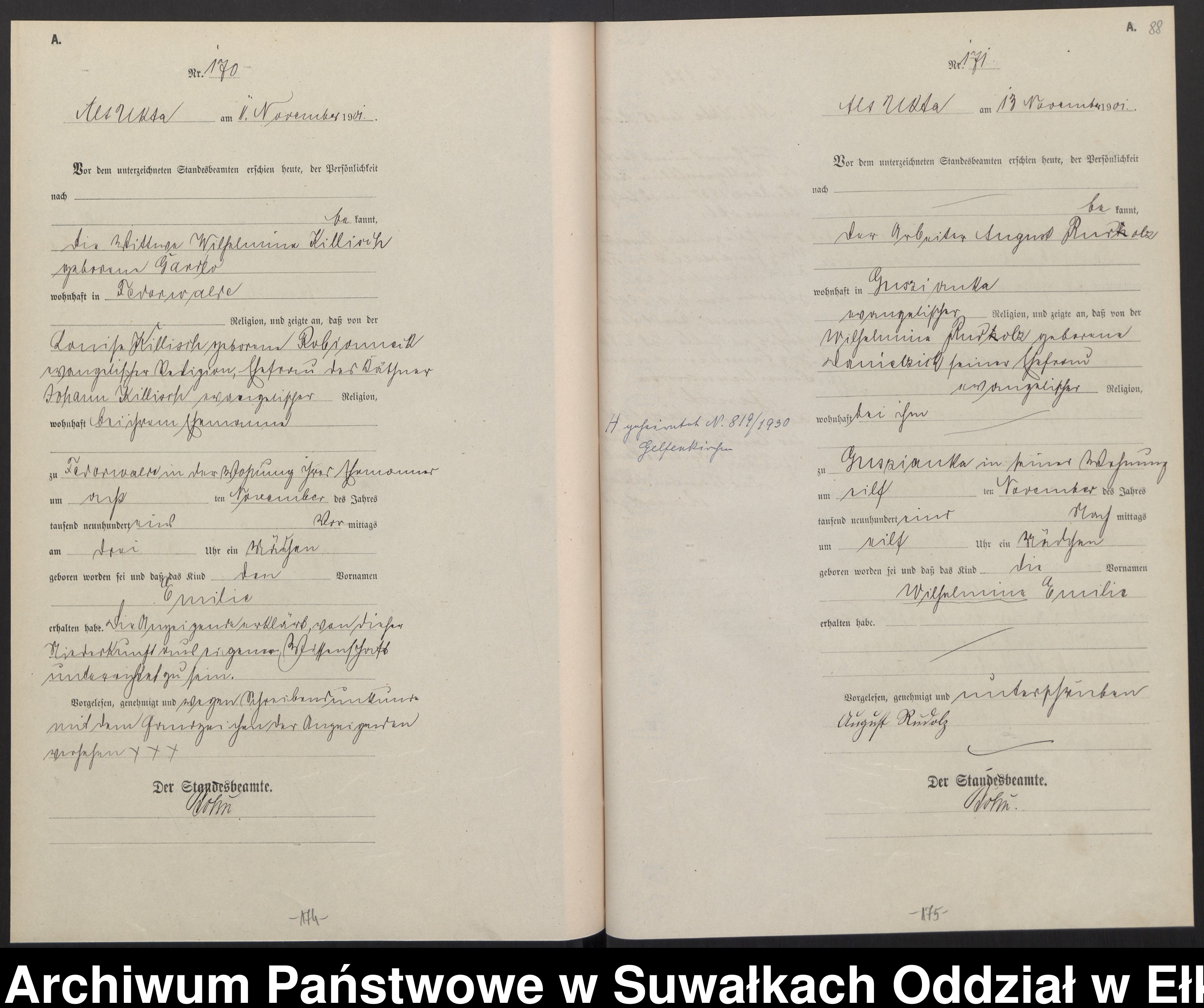 Skan z jednostki: Geburts-Haupt-Register des Königlichen Preussischen Standes-Amtes Alt Ukta Kreis Sensburg