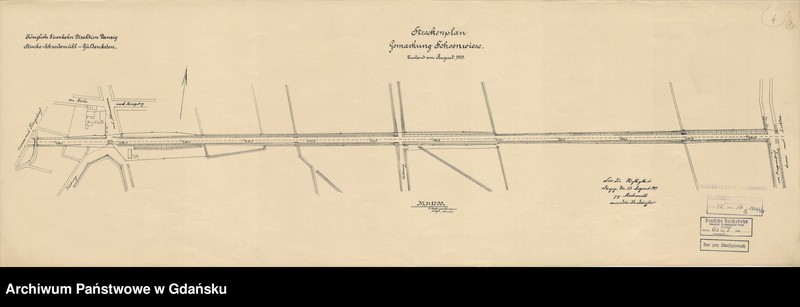 Obraz z jednostki "Eisenbahndirektion Danzig Strecke: Schneidemühl-Güldenboden. Streckenplan Gemarkung Schoenwiese. Zustand vom August 1909"