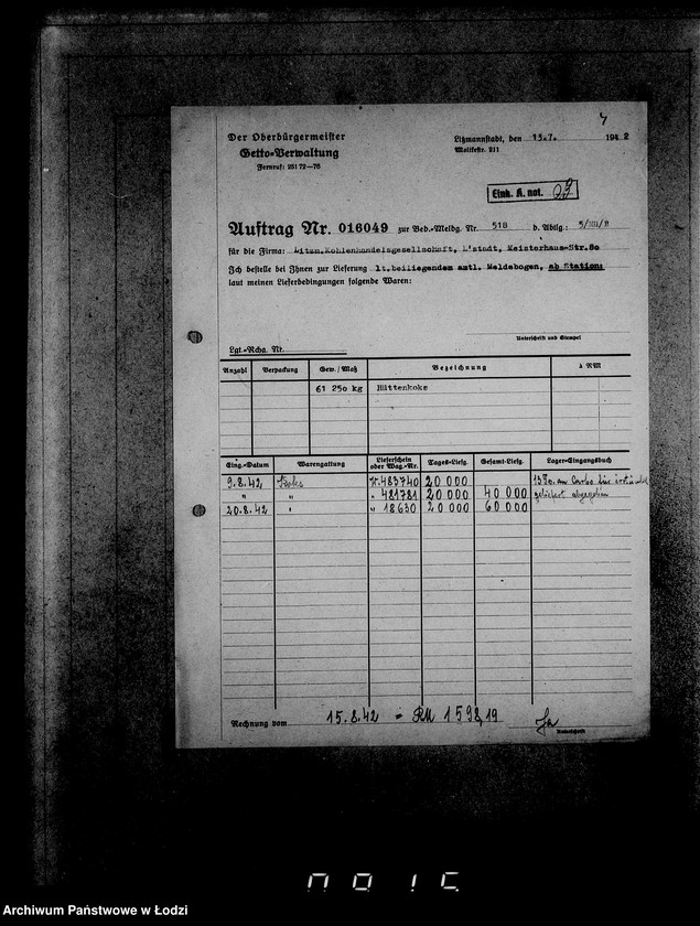 Obraz 7 z jednostki "Aufträge, [Lieferscheinen und Rechnungen] 14731-16050 [Dostawy żywności do Getta]"