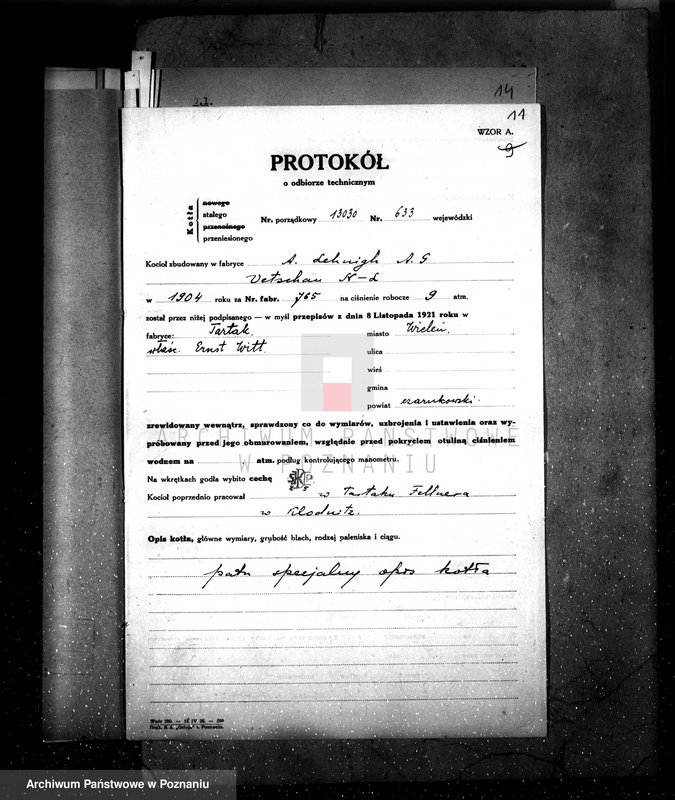 Obraz 15 z jednostki "Tartak E. Witta w Wieleniu pow. czarnkowski kocioł nr woj. 633"