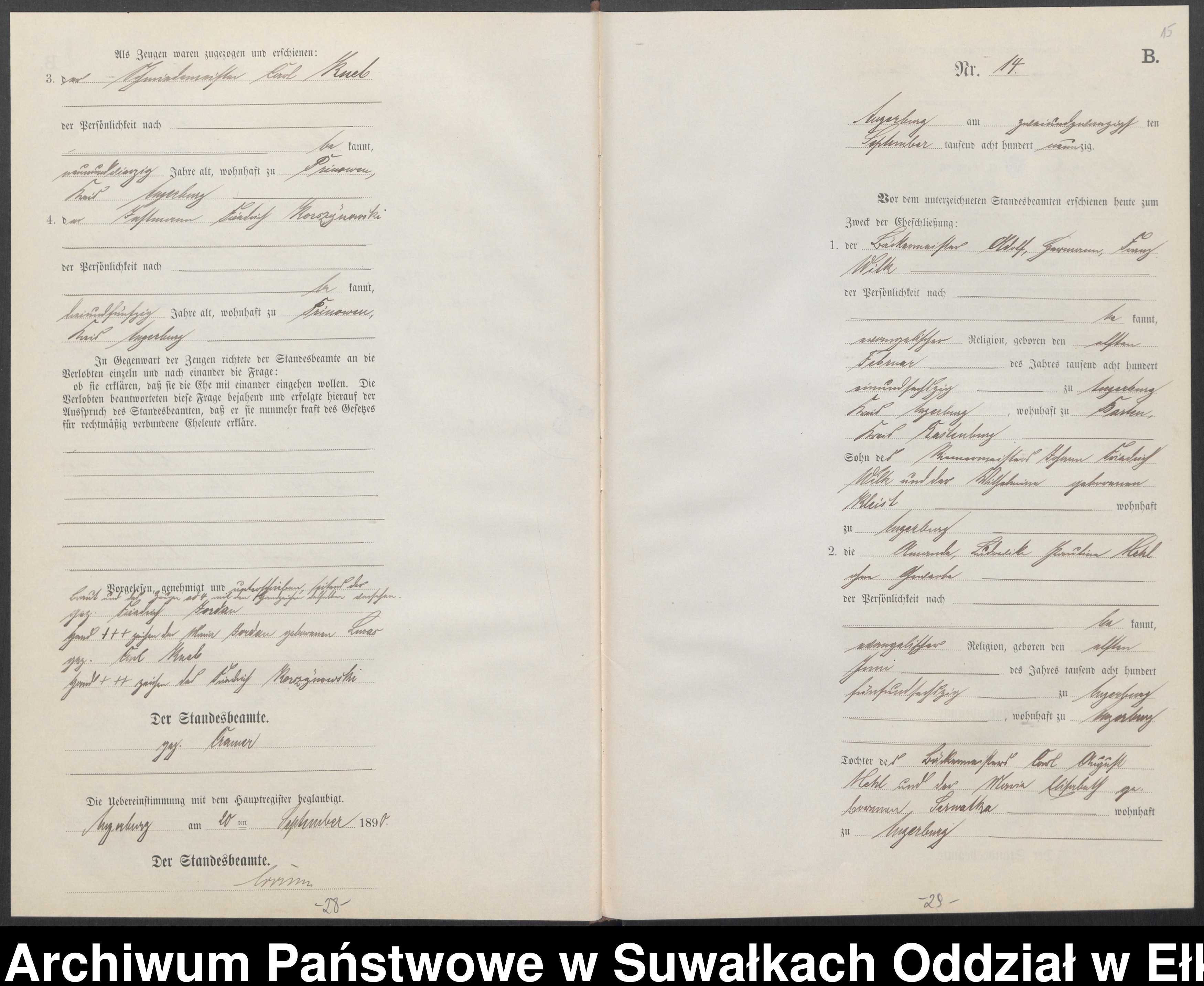 Skan z jednostki: Heiraths-Neben-Register des Preussischen Standes-Amtes Angerburg Kreis Angerburg