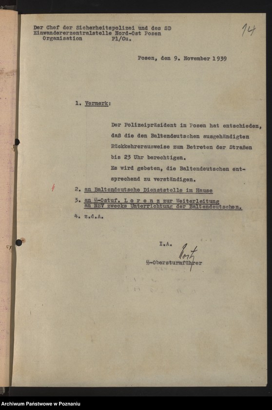 Obraz 17 z jednostki "[Zarządzenia i okólniki Einwandererzentralstelle Nord - Ost in Posen [Poznań]"