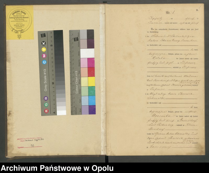 Obraz 3 z jednostki "Heiraths-Haupt-Register Standesamts Koppitz pro 1885"