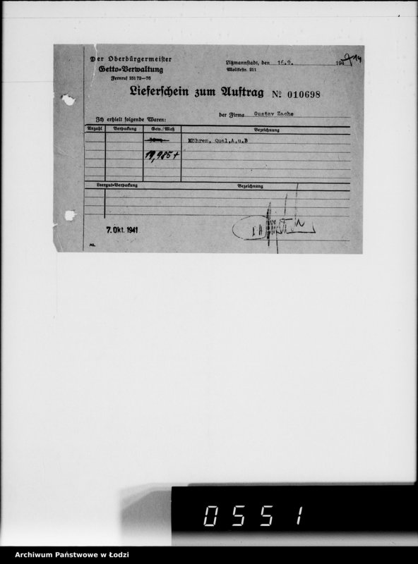 Obraz 18 z jednostki "Aufträge 5734-10700 [Faktury, listy przewozowe na dostarczone dla Getta produkty żywnościowe, materiały opałowe, przemysłowe]"