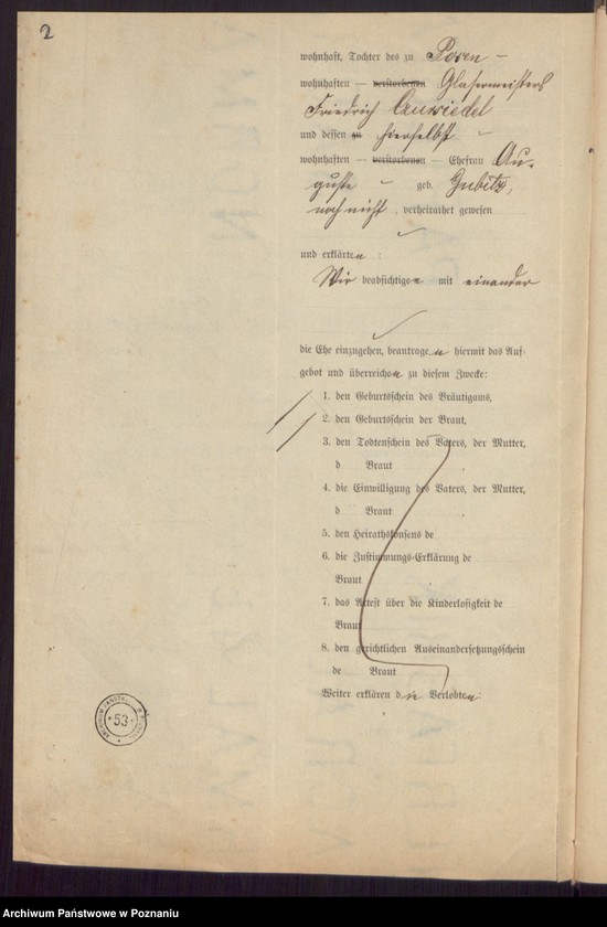 Obraz 4 z jednostki "Die von den Verlobten beigebrachten Urkunden zur Eheschliessung pro 1897"