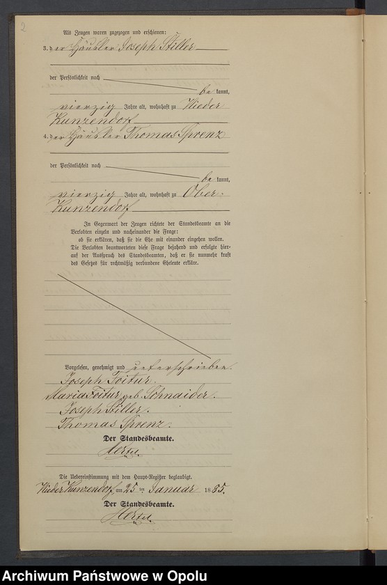 Obraz 6 z jednostki "Heiraths-Neben-Register Standesamts Kunzendorf pro 1885"