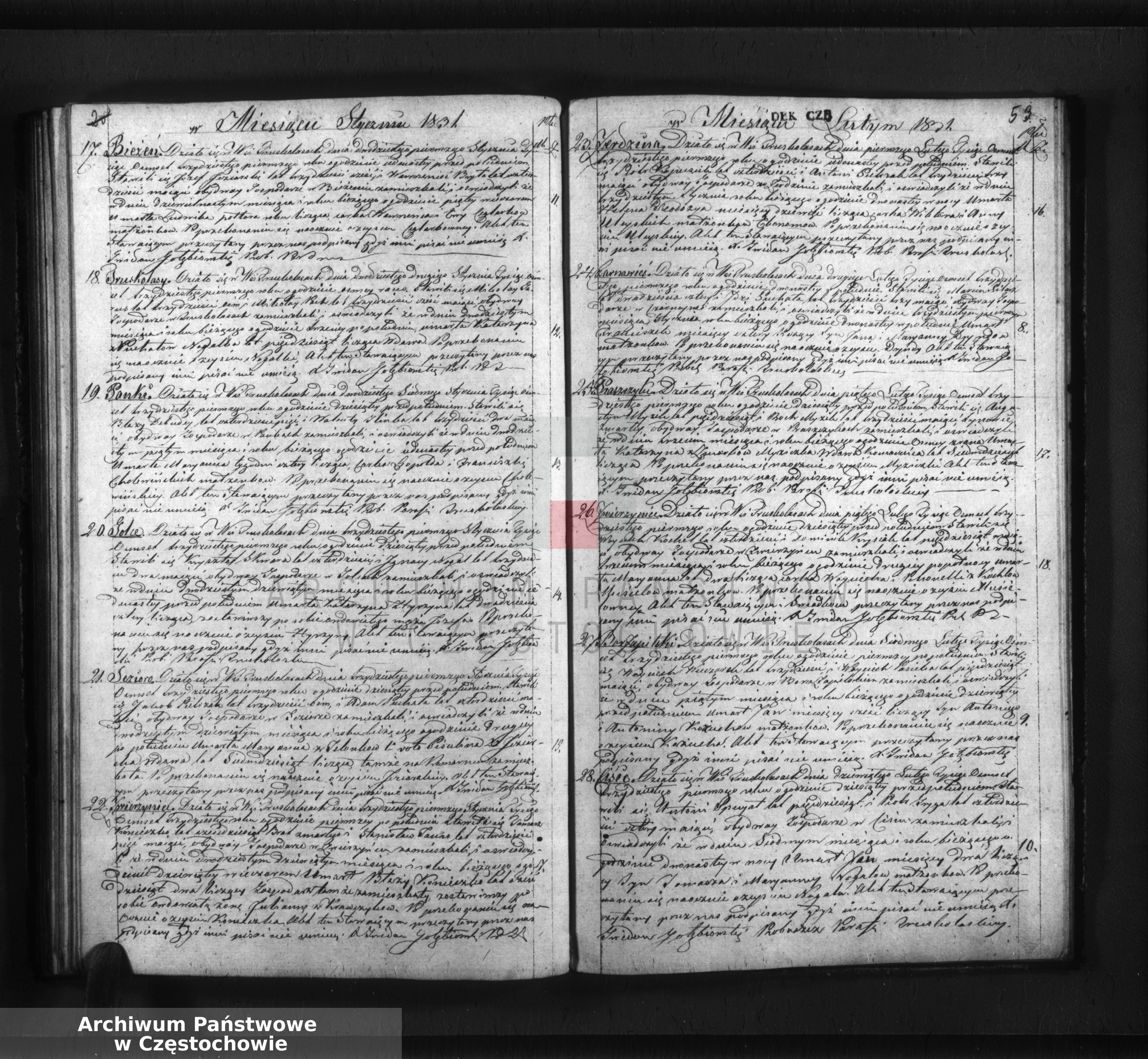 Skan z jednostki: Duplikat akt religijno - cywilnych urodzenia, małżeństw, zejścia Parafii Truskolasy na rok 1831