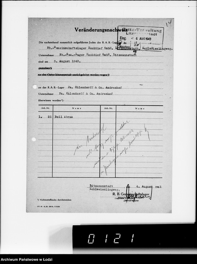 Obraz 18 z jednostki "Sonderkonto 12300. Arbeitsamt Litzmannstadt Judenlager: Löwenstadt- (Amtskommissar Löwenstadt), Hulanki- (Krs.Litzmannstadt), Jendrzejów, Andrzejów, Ostrowo (Krs.L-stadt)."