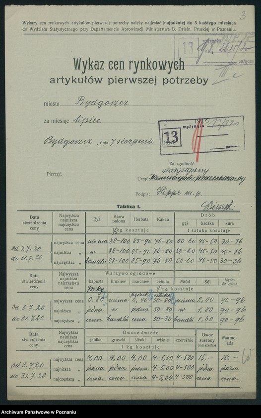 Obraz 5 z jednostki "[Wykaz cen rynkowych artykułów pierwszej potrzeby w poszczególnych miastach Województwa Poznańskiego za miesiąc lipiec 1920]"