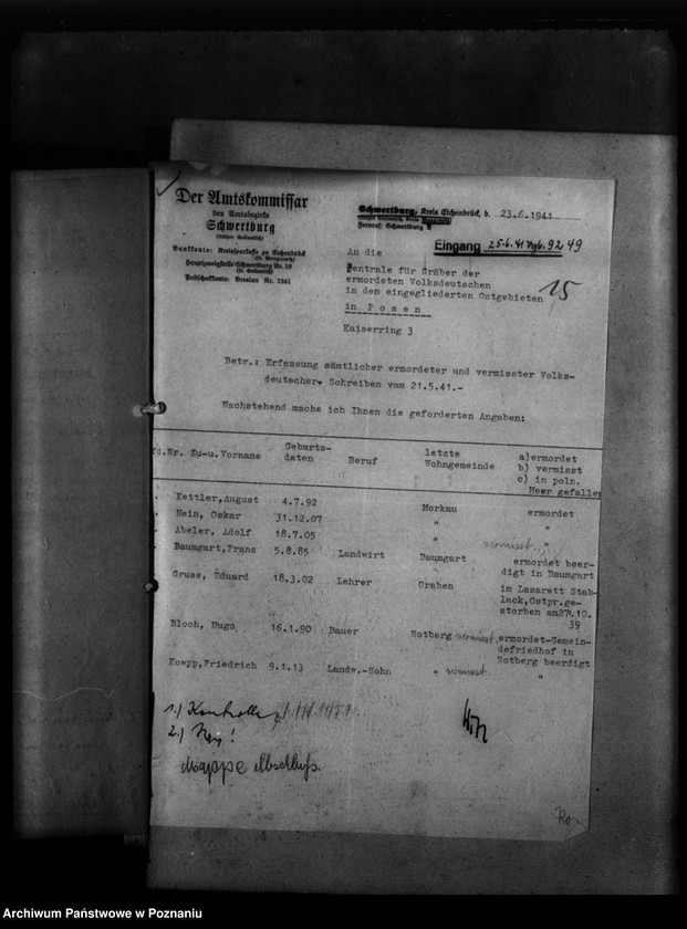 Obraz 19 z jednostki "Kreis Wongrowitz (Wągrowiec). Wykazy miejscowych Niemców, którzy zginęli w 1939 roku - korespondecja"