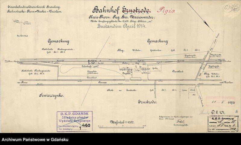 image.from.unit.number "Eisenbahndirektionsbezirk Bromberg. Bahnstrecke: Thorn-Mocker-Unislaw. Bahnhof Ernstrode. Kreis Thorn. Reg. Bez. Marienwerder. Mitte Empfangsgebäude km 15,672. Telegr. Abkürz."er". Zustand in April 1914"