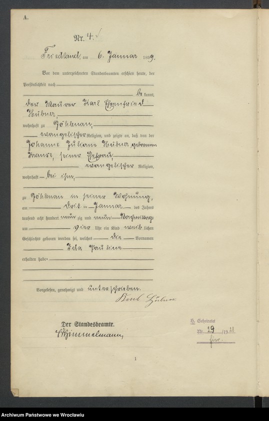 image.from.unit.number "Księga urodzeń USC Mieroszów (Friedland) 1899"