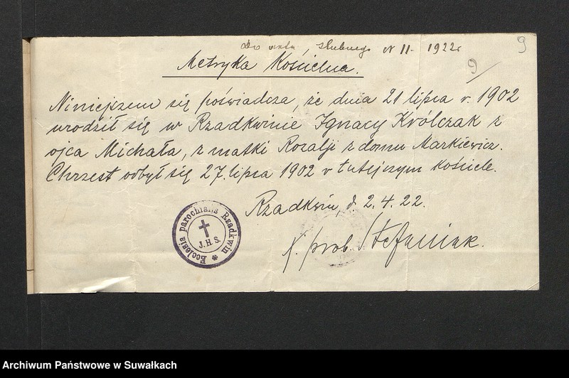 image.from.unit.number "Dokumenta so aktów ślubnych parafji Smolnickiej za 1922 rok"