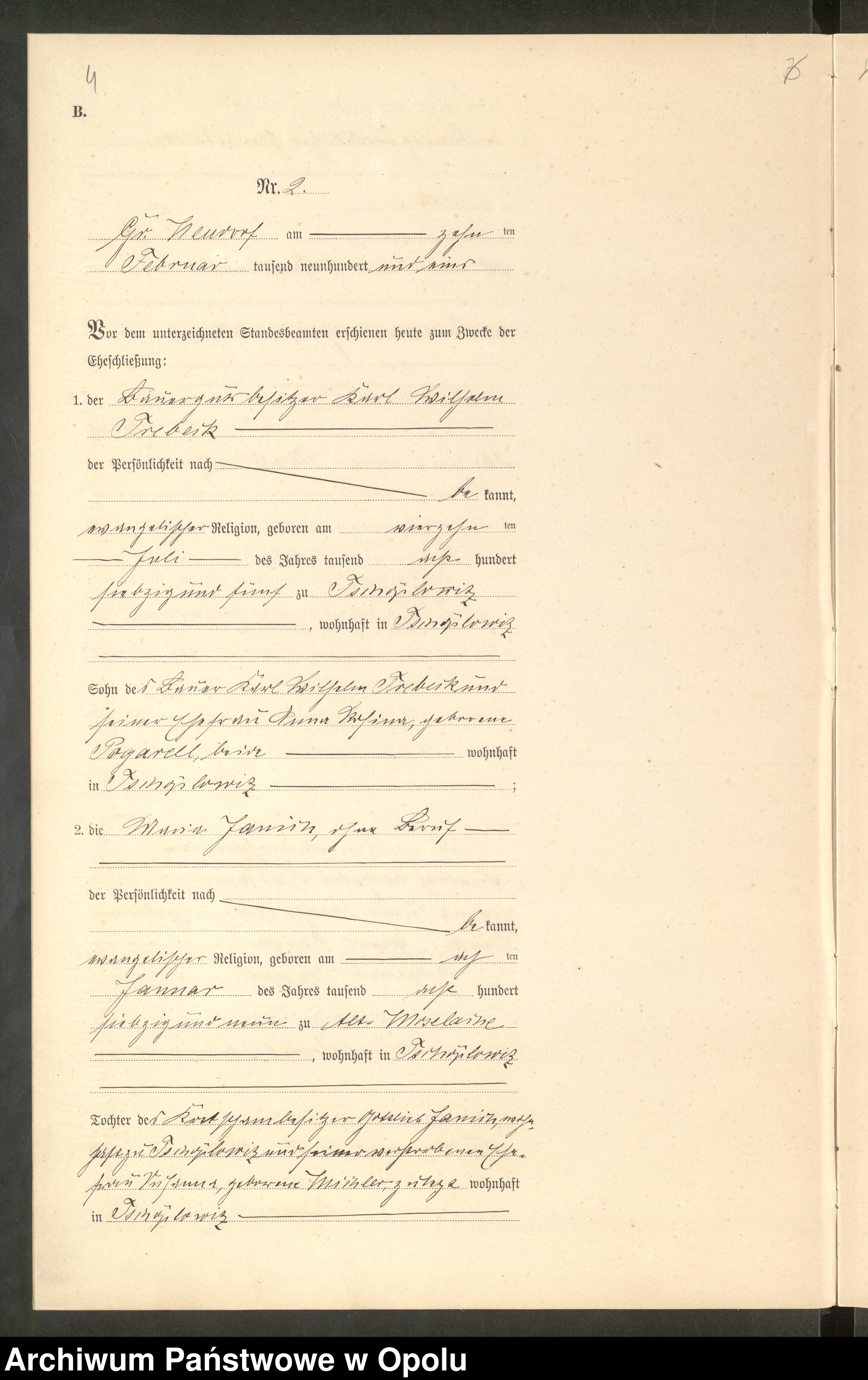 Skan z jednostki: Heiraths-Neben-Register Standes-Amt Gr.[oss] Neudorf 1901