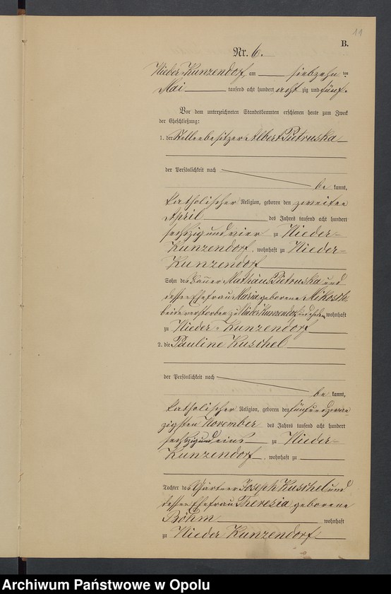 Obraz 15 z jednostki "Heiraths-Neben-Register Standesamts Kunzendorf pro 1885"