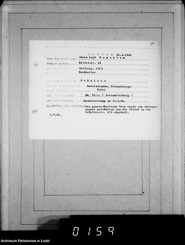 Obraz 12 z jednostki "J 1541-1560 [Wnioski Żydów z Getta o zwrot należności za towar wzięty na kredyt]"