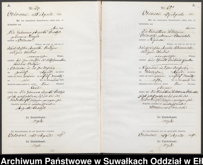 image.from.unit.number "Geburts-Neben-Register des Preussischen Standes-Amtes Orlowen Kreis Loetzen für das Jahr 1895"