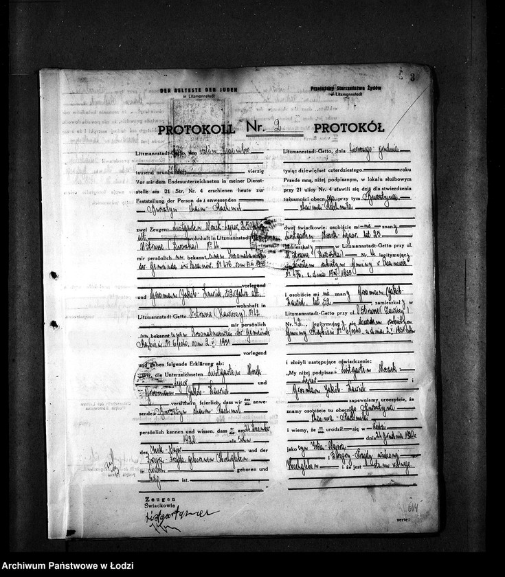 Obraz 6 z jednostki "[Protokoły stwierdzające na podstawie zeznań 2 świadków personalia i tożsamość osób ubiegających się o kartę tożsamości]"
