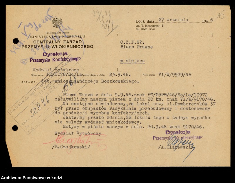 Obraz 17 z jednostki "[Korespondencja w sprawie reprywatyzacji urządzeń biurowych Fabryki Termometrów oraz lokalu fabrycznego w Łodzi ul. Dowborczyków 37]"