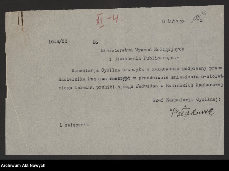 image.from.unit.number "Zniesienie wyroków Ewangelickich Sądów Konsystorskich: Augsburskiego i Reformowanego, o sześcioletnim terminie zakazu wstąpienia w ponowne związki małżeńskie oraz zakazu 10 miesięcznego.Reskrypty Naczelnika Państwa, wnioski, korespondencja z Min. Wyznań Religijnych i Oświecenia Publicznego"