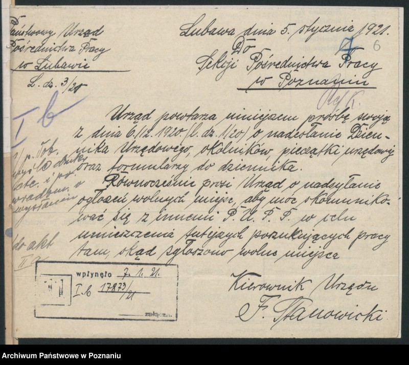 Obraz 6 z jednostki "Ministerstwo B.Dz.Pruskiej Dep.13.Pracy i Opieki Społecznej Wydział Pośredn.Pracy PUPP Lubawa"