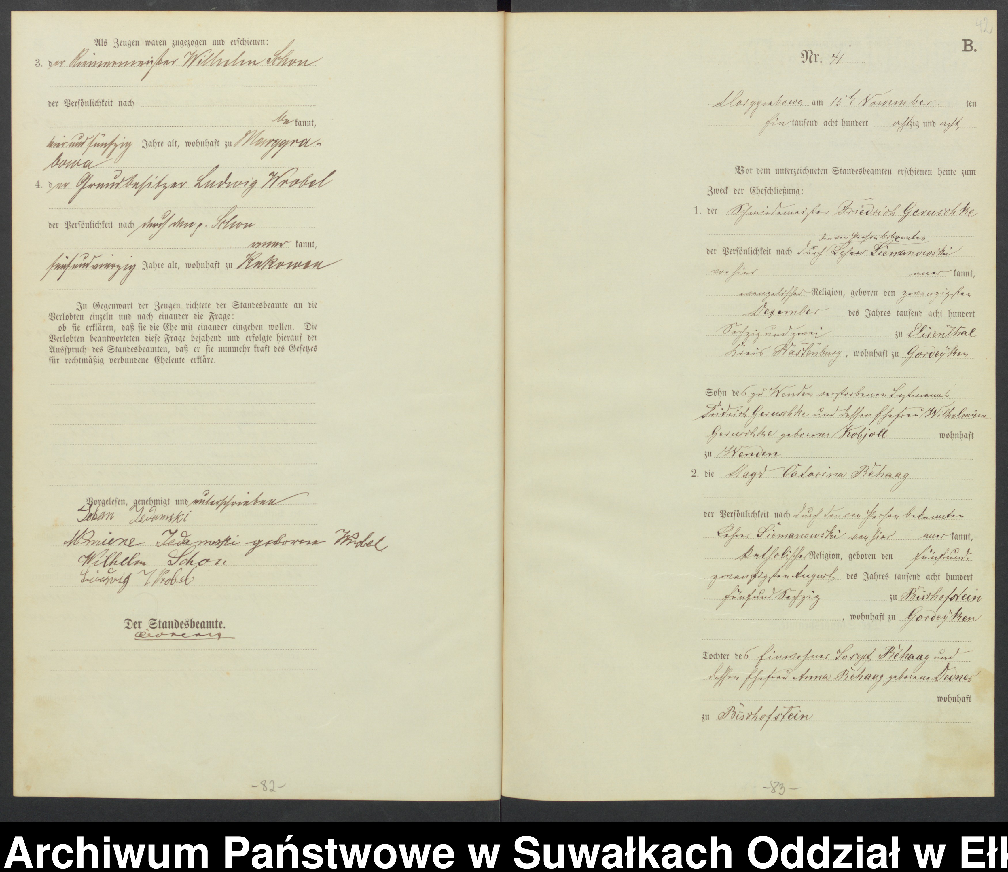 Skan z jednostki: Heiraths-Haupt-Register des Königlichen Preussischen Standesamtes Landbezirk Marggrabowa Kreis Oletzko