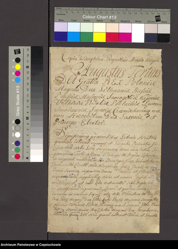 image.from.unit.number "[Kopia wierzytelna przywileju Augusta III, króla polskiego, z dnia 25 kwietnia 1763 roku, potwierdzającego prawa i wolności miasta Krzepic, sporządzona 11 lipca 1836 roku przez Augustyna Śliwińskiego]"