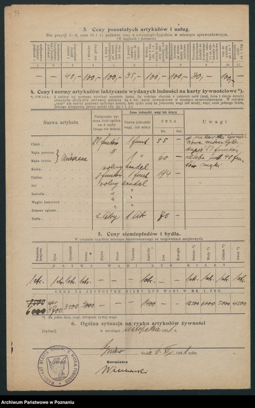 Obraz 15 z jednostki "[Wykazy cen rynkowych na artykuły spożywcze w poszczególnych miastach Województwa Pomorskiego za miesiąc listopad 1921 roku]"