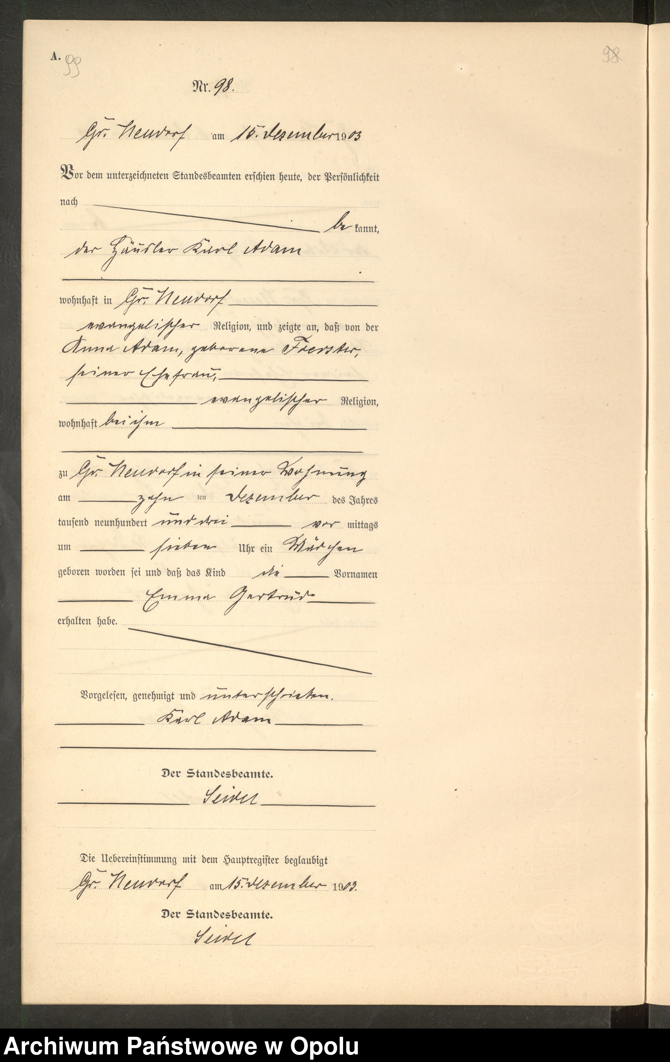 Skan z jednostki: Geburts-Neben-Register Standes-Amt Gr.[oss] Neudorf 1903