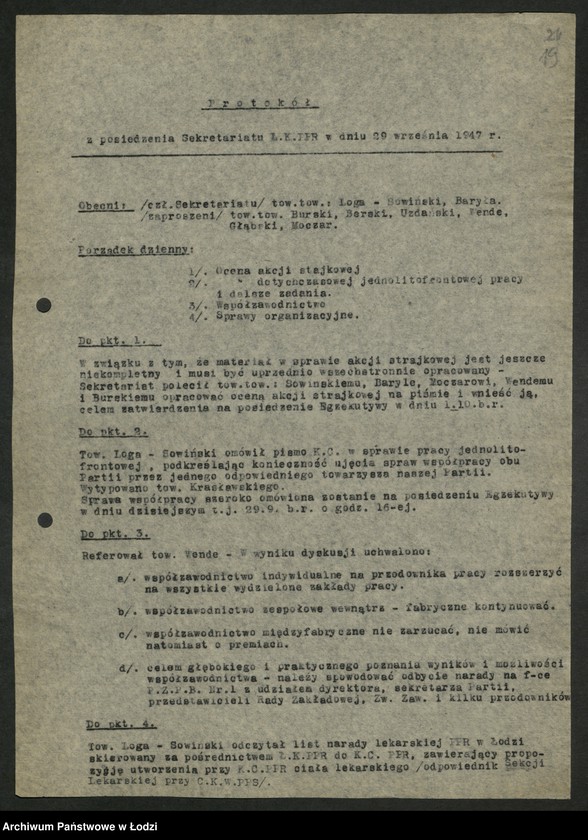 Obraz 20 z jednostki "Protokoły z posiedzeń Sekretariatu KŁ"