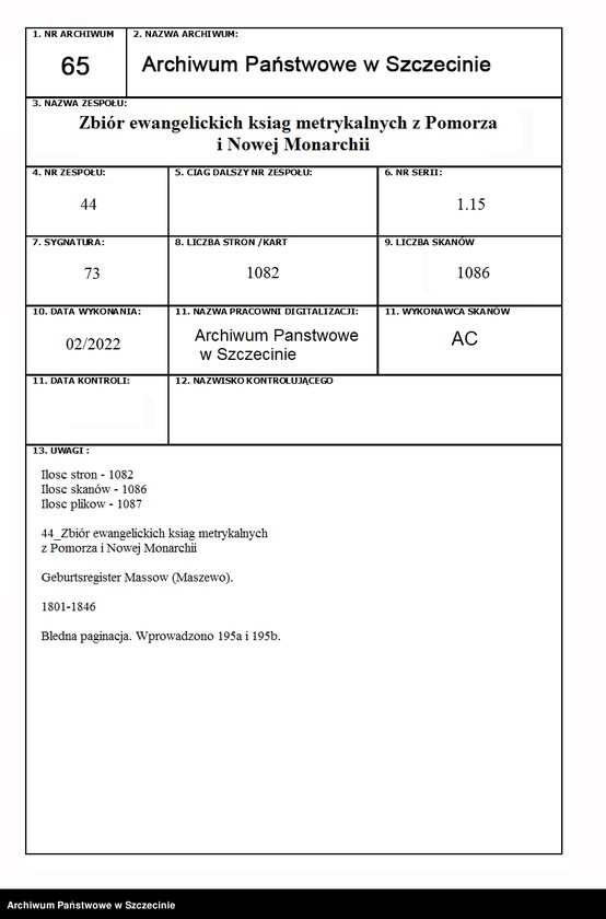 image.from.unit.number "Geburtsregister Massow (Maszewo)."