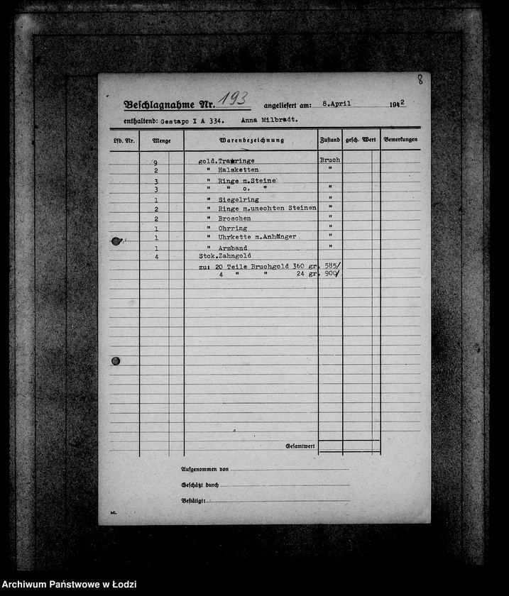 Obraz 12 z jednostki "Gestapo 1-200 [Kartoteka skonfiskowanego majątku ruchomego u Żydów]"