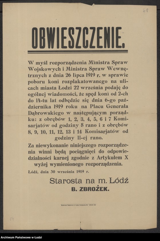 Obraz 1 z jednostki "[Obwieszczenie w sprawie rekwizycji koni]"