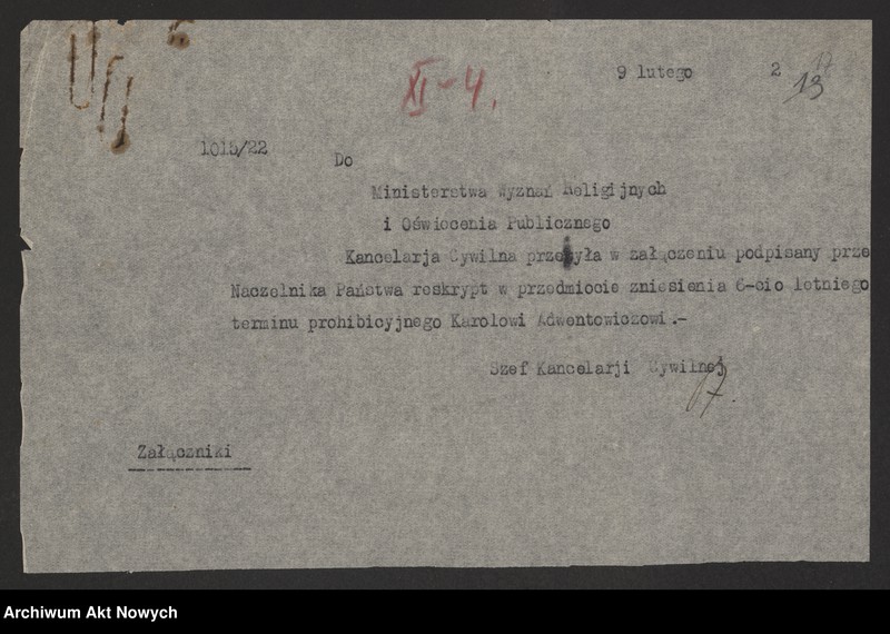 image.from.unit.number "Zniesienie wyroków Ewangelickich Sądów Konsystorskich: Augsburskiego i Reformowanego, o sześcioletnim terminie zakazu wstąpienia w ponowne związki małżeńskie oraz zakazu 10 miesięcznego.Reskrypty Naczelnika Państwa, wnioski, korespondencja z Min. Wyznań Religijnych i Oświecenia Publicznego"