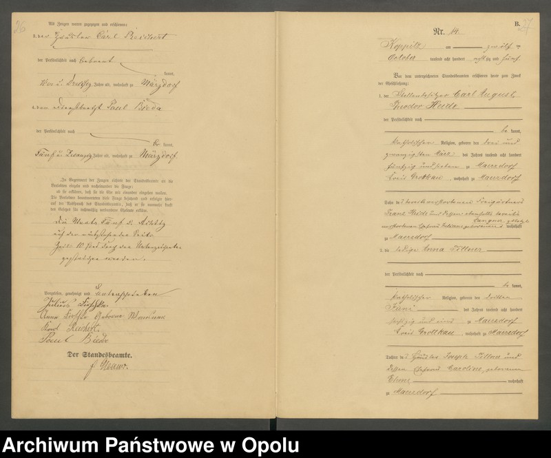 Obraz 16 z jednostki "Heiraths-Haupt-Register Standesamts Koppitz pro 1885"