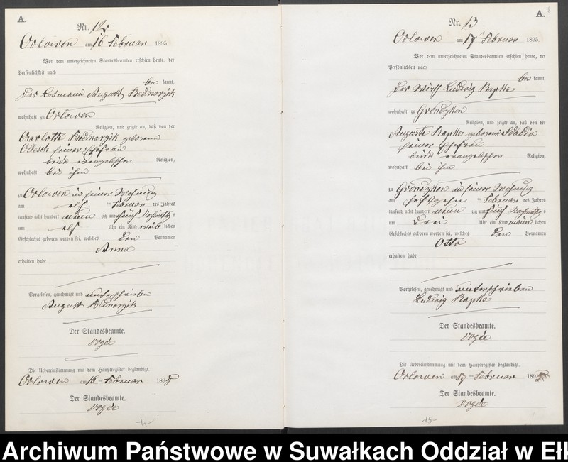 image.from.unit.number "Geburts-Neben-Register des Preussischen Standes-Amtes Orlowen Kreis Loetzen für das Jahr 1895"