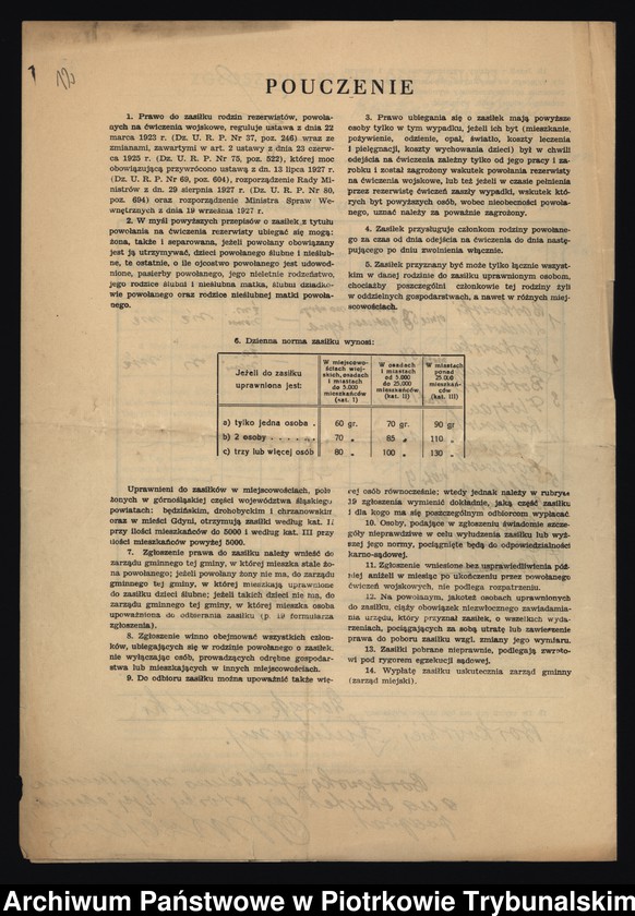 image.from.unit.number "Ewidencja rezerwistów powołanych na ćwiczenia wojskowe i rodzin rezerwistów, którym przyznano, względnie odmówiono udzielenia zasiłku, pomocy rolnej - pracy."